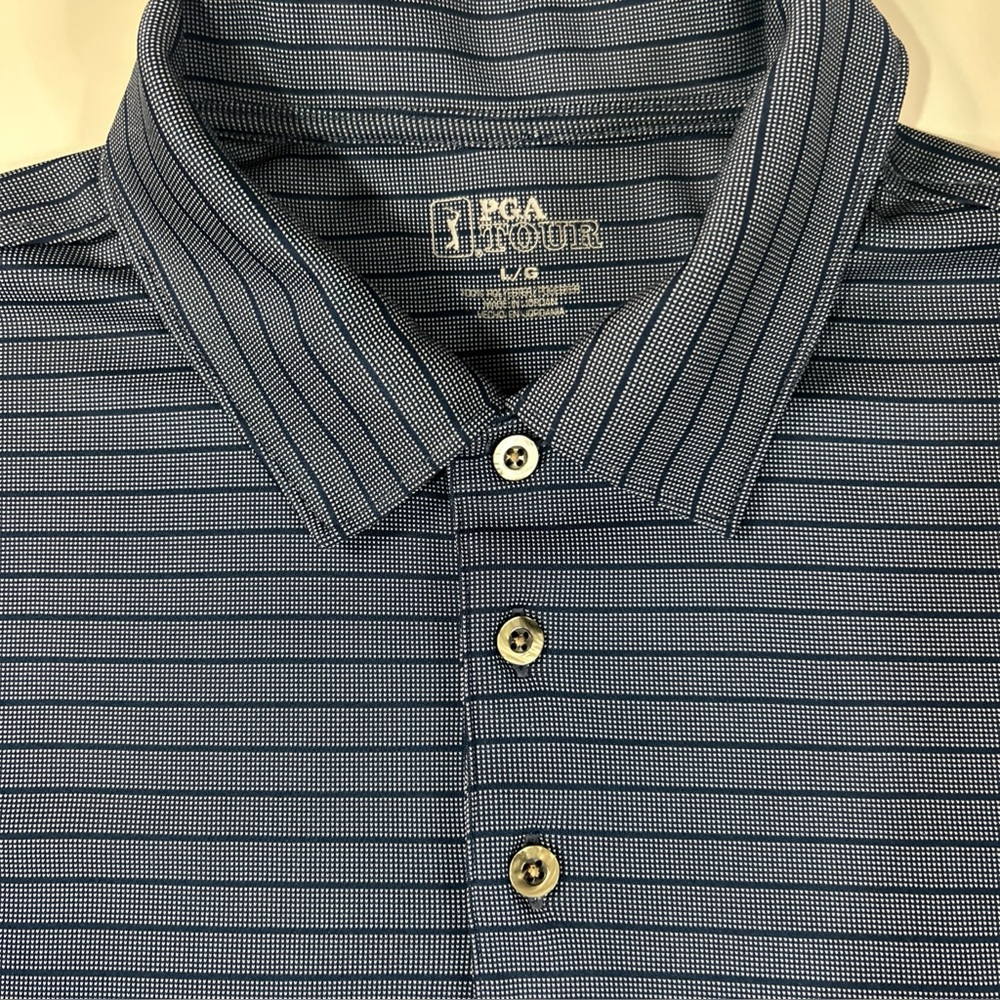 PGA Tour Polo Golf Shirt Men’s Large Blue W/ Navy Blue Stripes Classic Logo